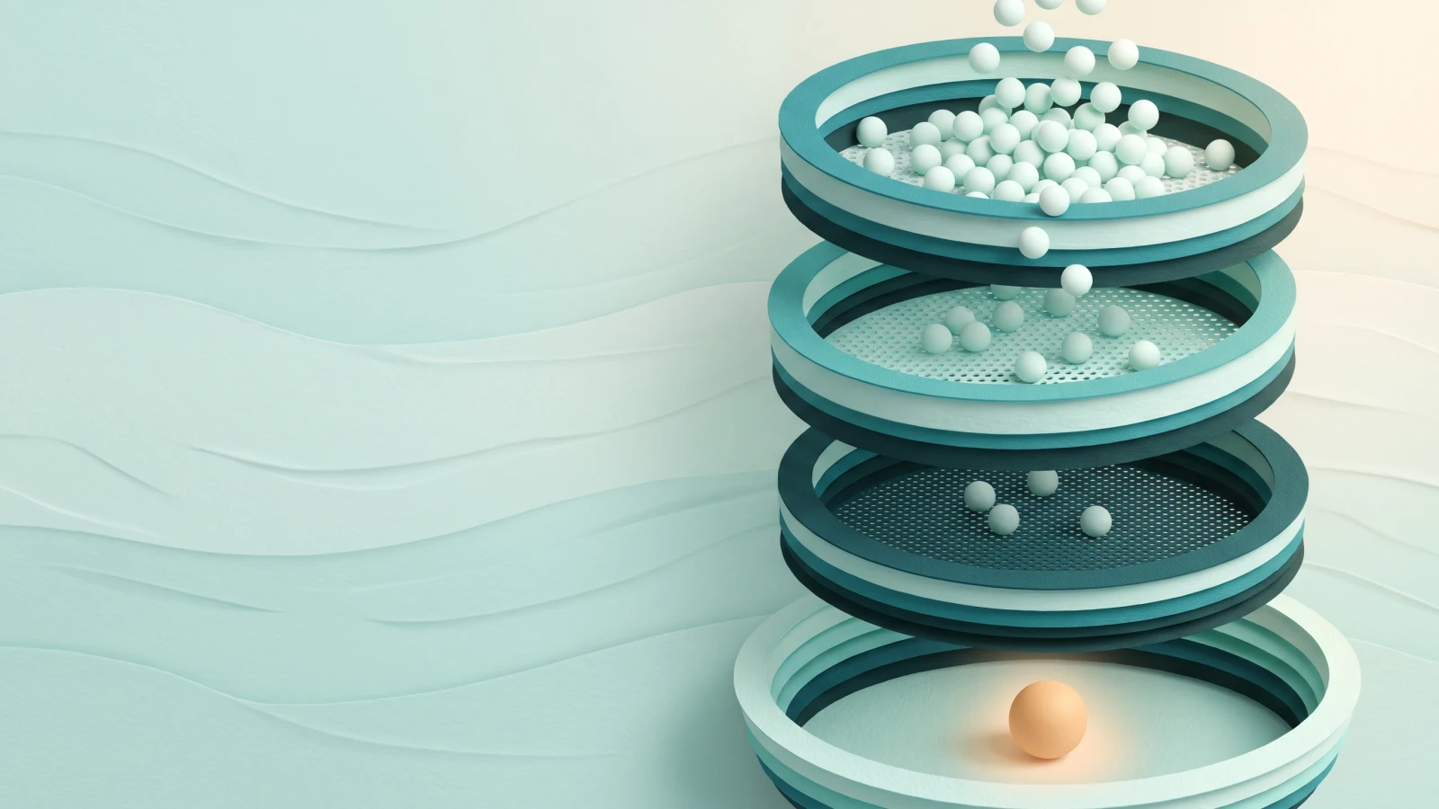 Three stacked teal paper sieves sorting many pale beads down to one warm sand-coloured bead at the bottom