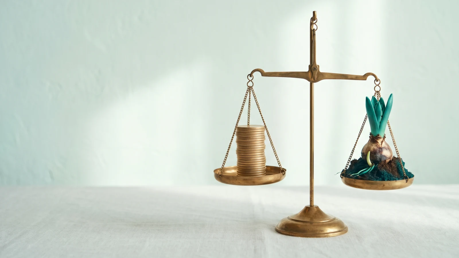 Brass balance scale with a stack of coins on one pan and a sprouting bulb in soil on the other, almost level