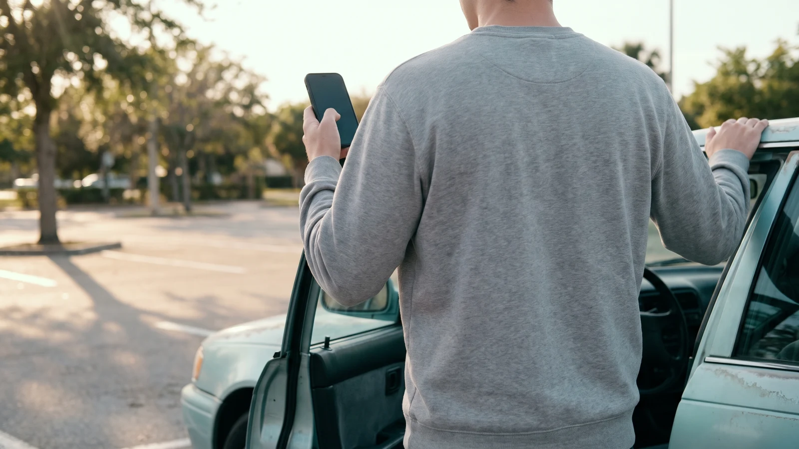 Person seen from behind by an open car door in a leafy parking lot, holding a phone up close to record a voice note