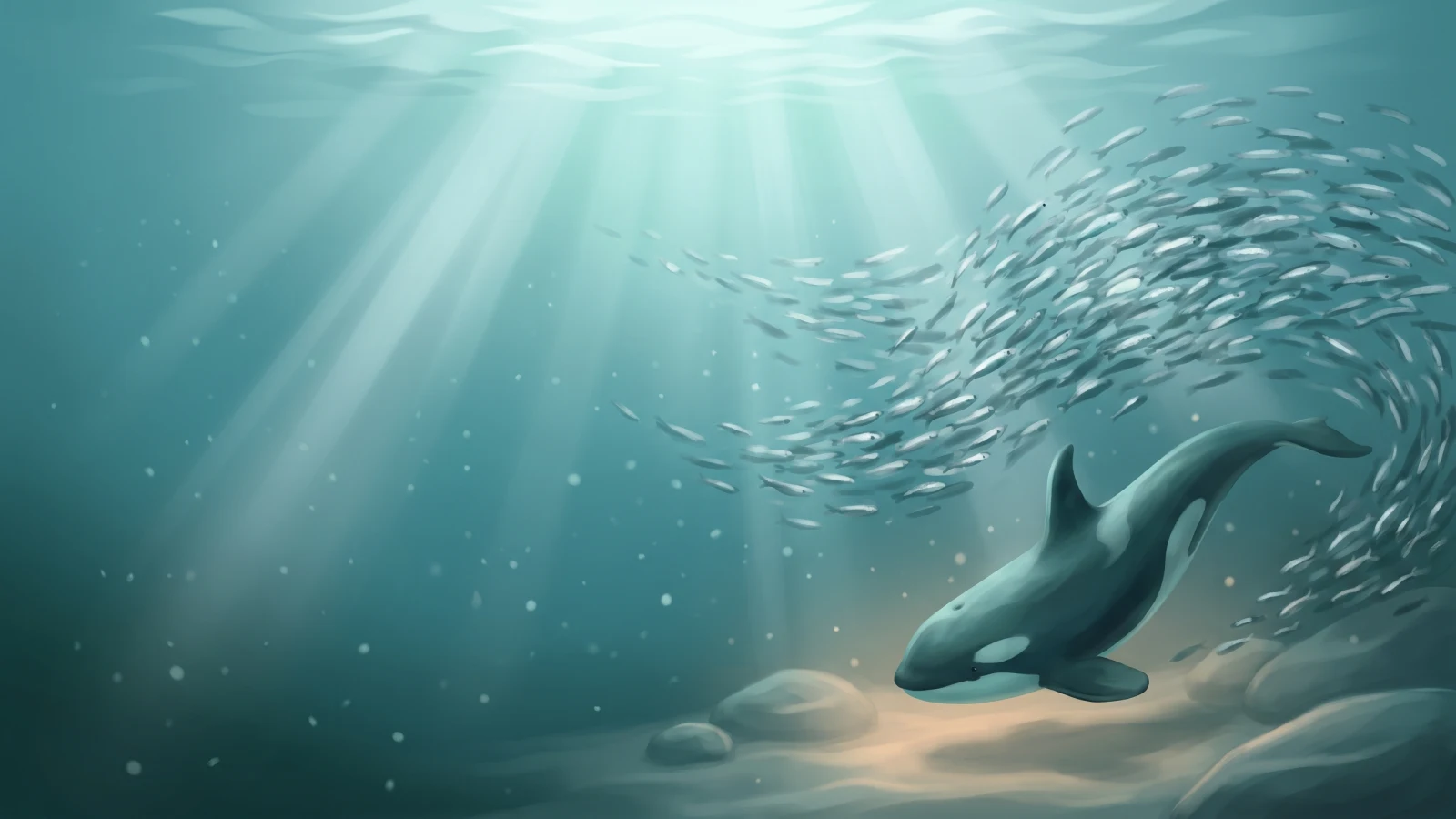 Dense shoal of silver fish swirling through teal water while a calm orca glides down toward the sandy seabed