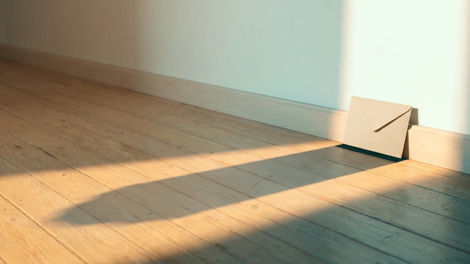 Small sealed envelope leaning on a skirting board, casting a long soft shadow across a sunlit wooden floor