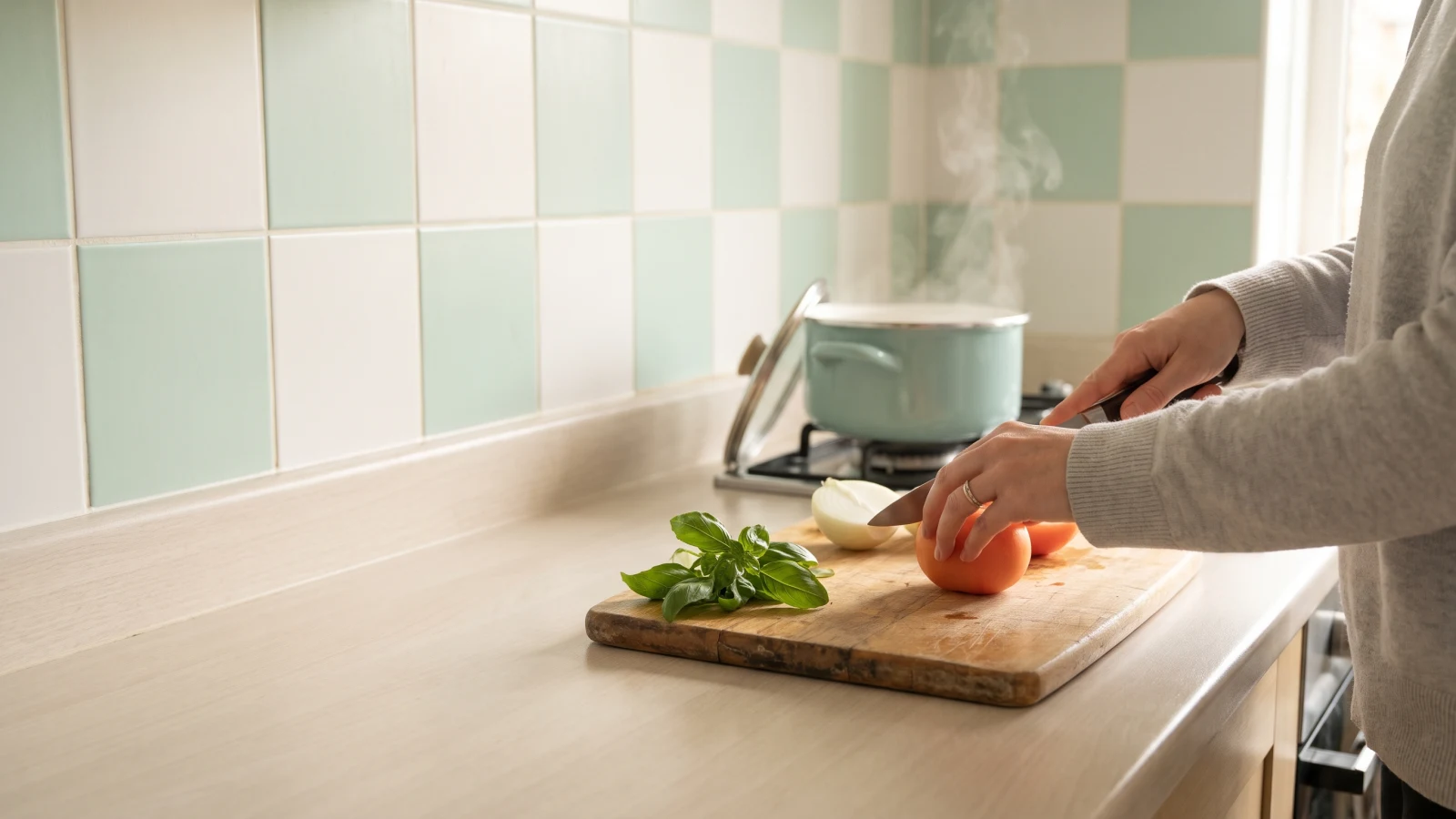 Hands slicing tomatoes on a wooden board with basil and onion, a mint pot steaming on the stove behind