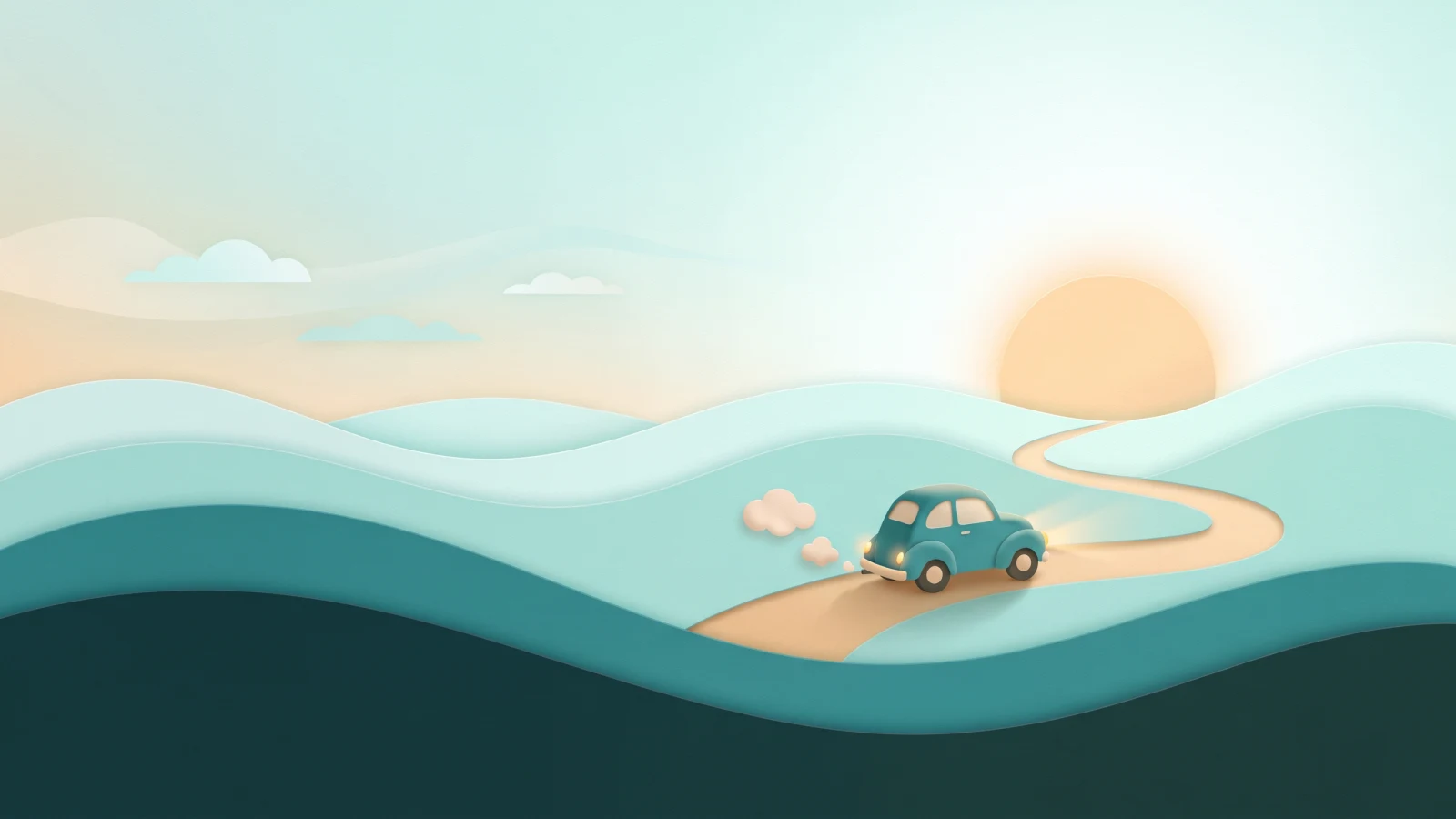 Paper-cut teal car with glowing headlights and soft exhaust puffs on a winding sand road toward a rising sun