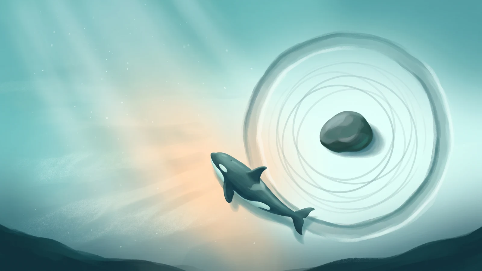 Orca swimming out of a circular groove of worn rings around a smooth stone toward warm light in calm teal water