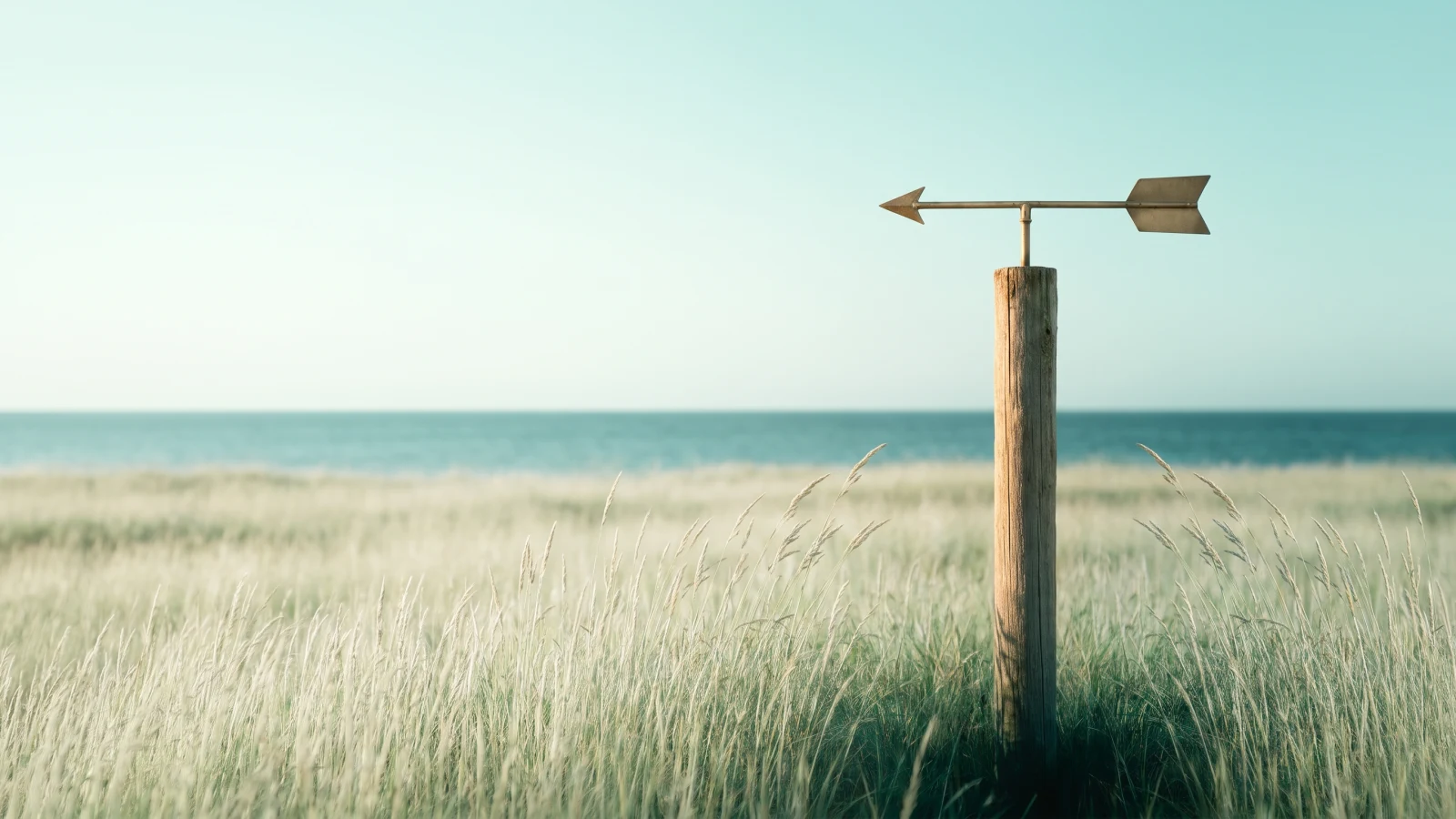 Brass arrow weathervane on a wooden post in a still coastal meadow, the sea calm under a clear mint sky
