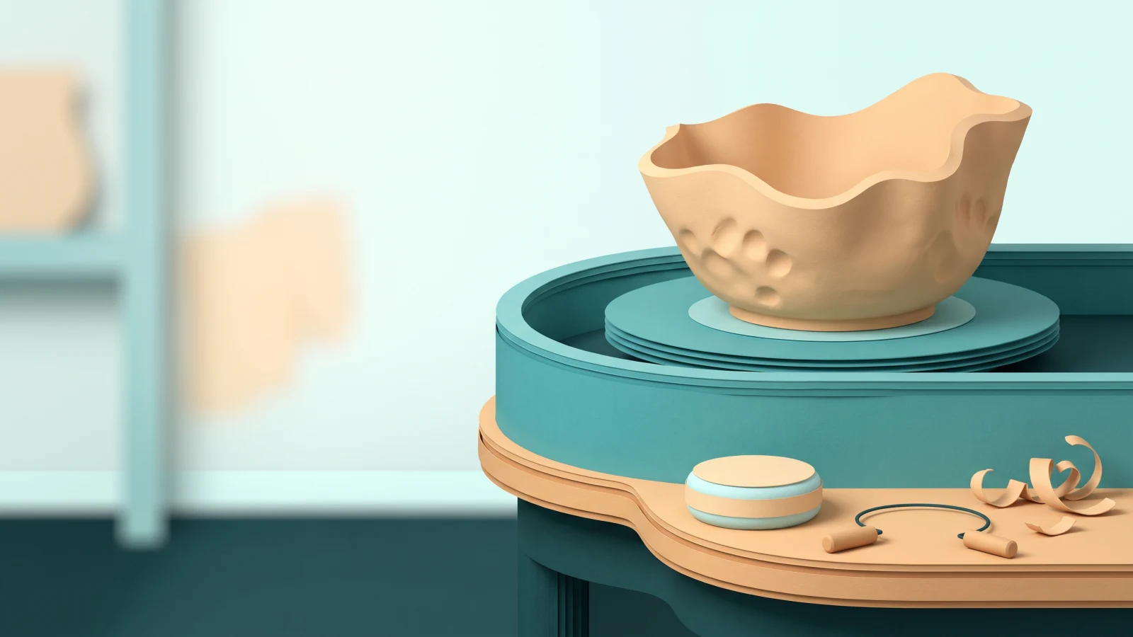 Lopsided handmade clay bowl on a teal pottery wheel with a sponge, cutting wire and clay curls beside it