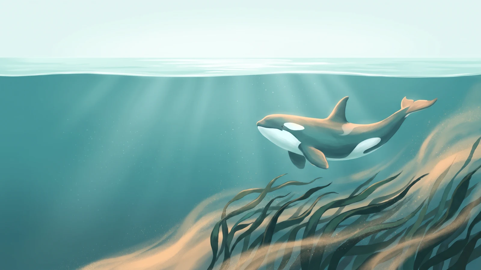 Orca holding still below a calm water surface while a strong current bends kelp and lifts sand underneath
