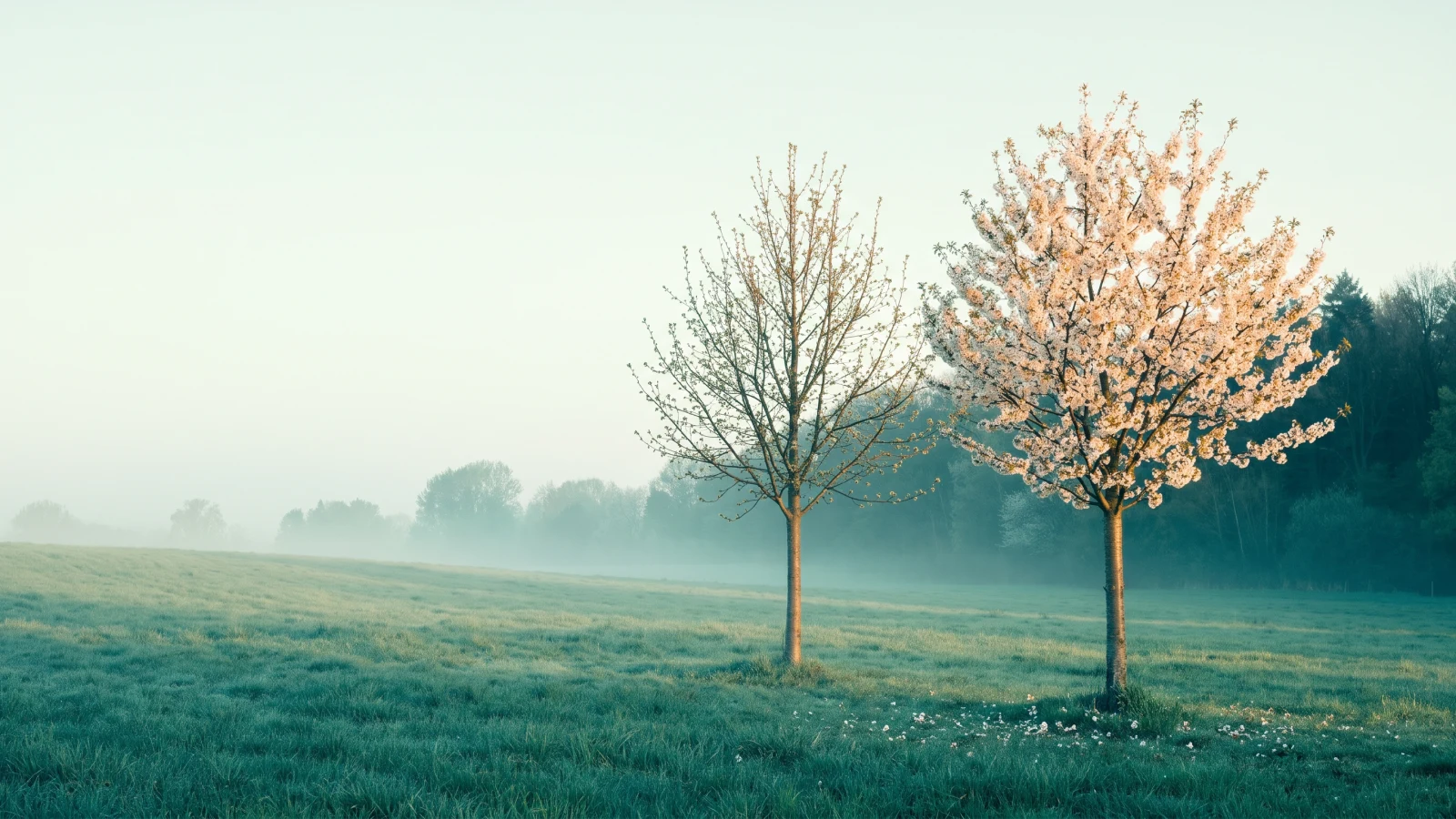 Two young trees side by side in a misty spring meadow, one in full white blossom and one with only first buds