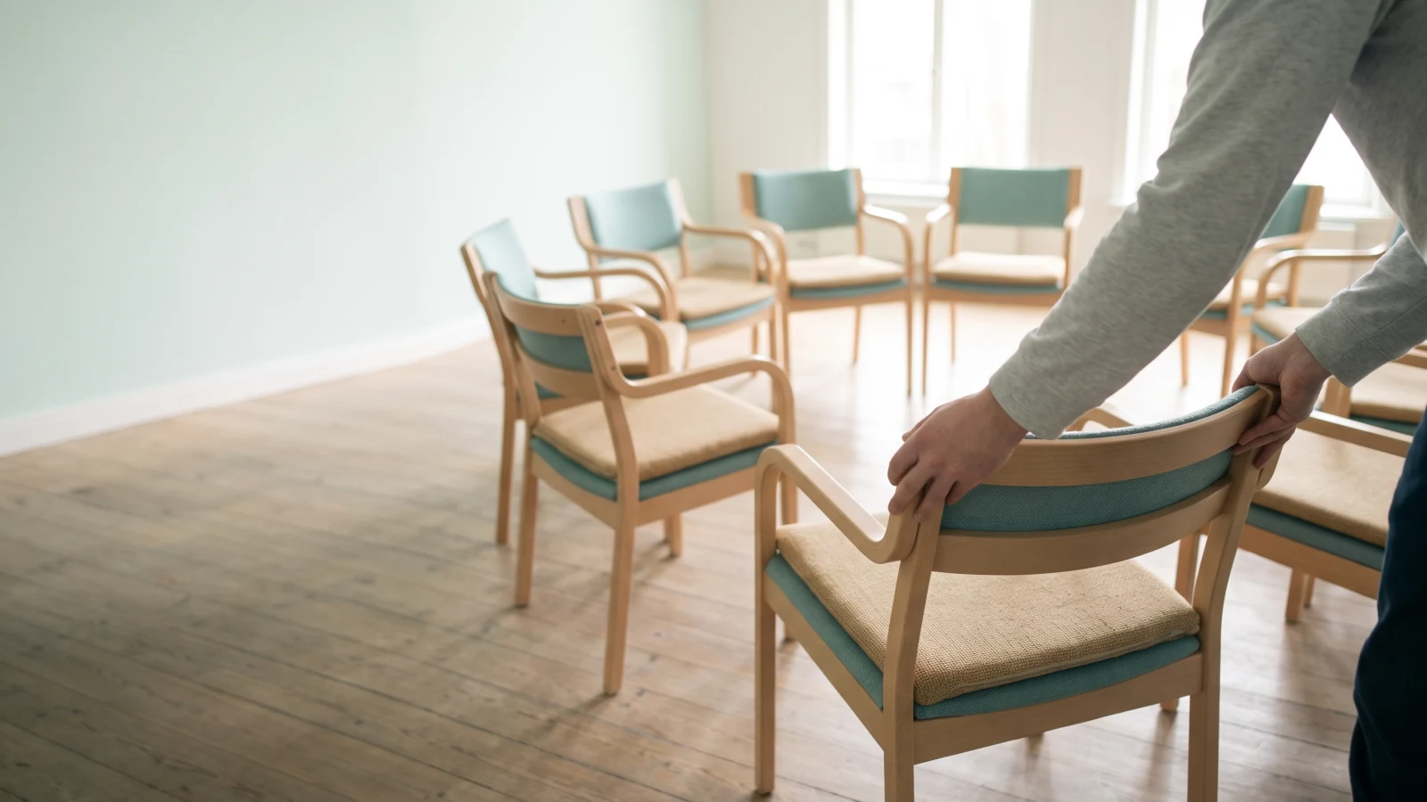 Hands placing one more pale wooden armchair into a circle of matching teal-cushioned chairs in a bright empty room