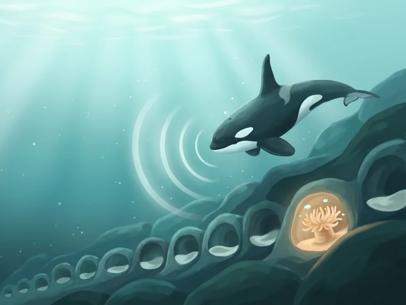 Orca sending soft sound rings along a reef wall of empty rock hollows, one glowing warm with an anemone and tiny fish