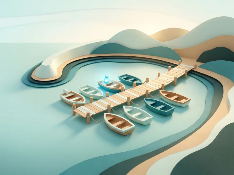 Paper-cut harbour in morning light with small rowing boats moored along one pier, one carrying a glowing blue lantern