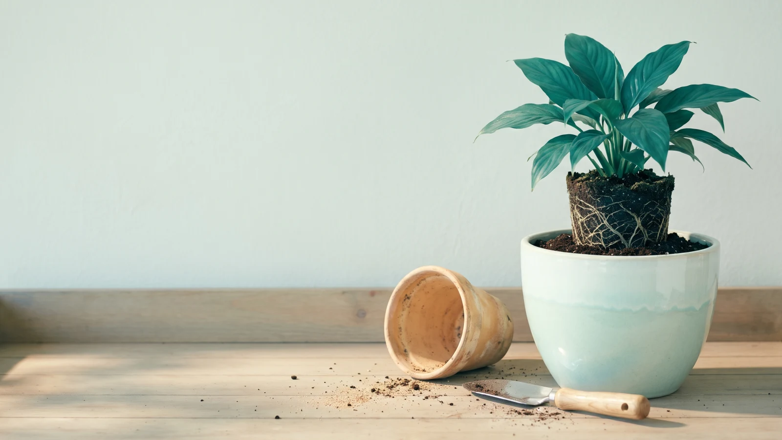 Leafy plant with its whole root ball set into a larger mint pot, the old clay pot tipped empty beside a small trowel