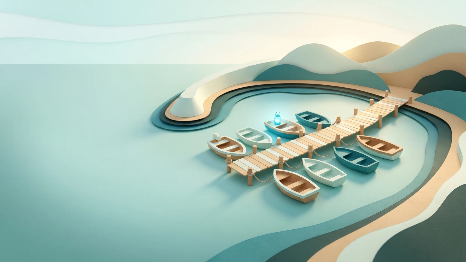 Paper-cut harbour in morning light with small rowing boats moored along one pier, one carrying a glowing blue lantern