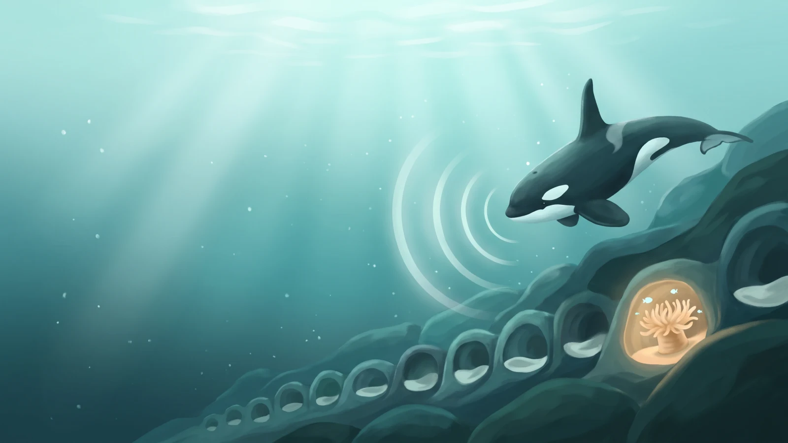 Orca sending soft sound rings along a reef wall of empty rock hollows, one glowing warm with an anemone and tiny fish