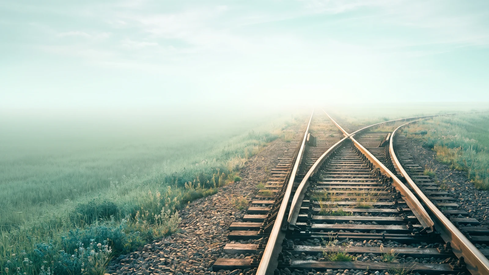Railway track in a misty green meadow dividing at a switch, both lines running on toward a bright hazy horizon
