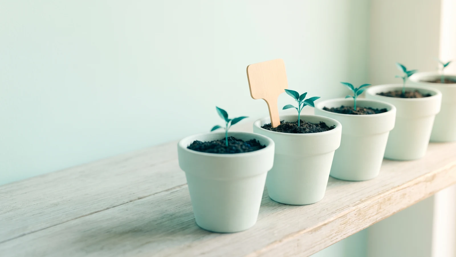 Row of five white pots with seedlings on a pale wooden shelf, a blank wooden tag in just one pot