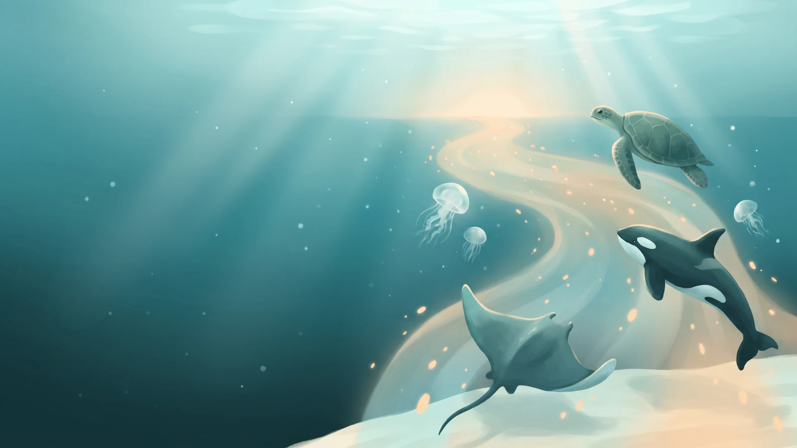 Sea turtle, manta ray, moon jellyfish and an orca travelling together along one warm glowing current toward the light