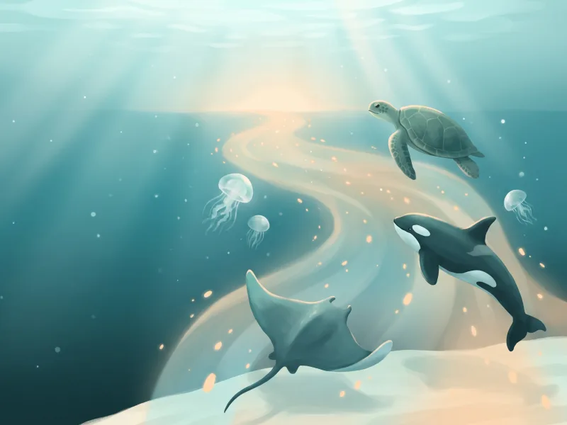 Sea turtle, manta ray, moon jellyfish and an orca travelling together along one warm glowing current toward the light