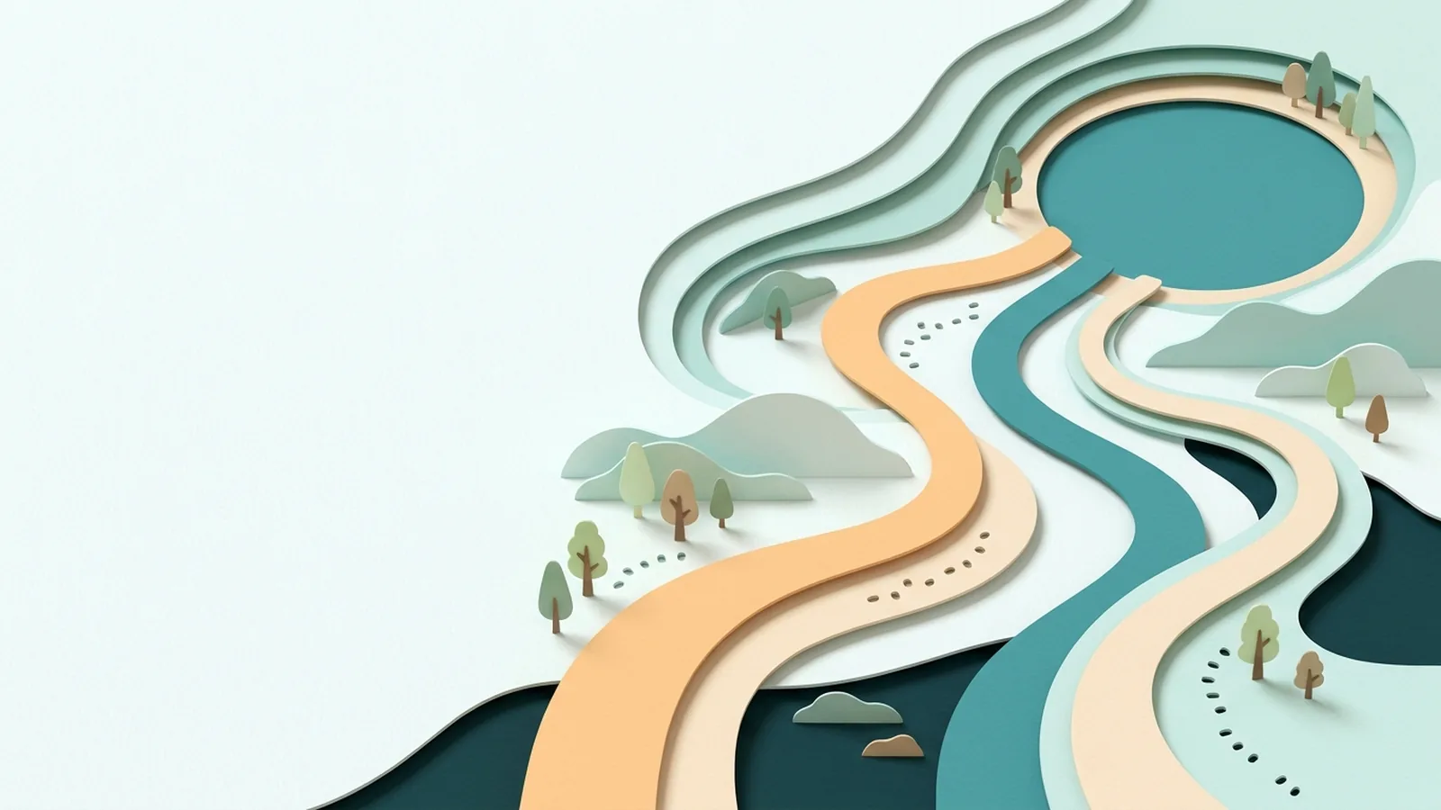 A layered paper-cut map with several winding paths through soft hills leading to one calm lake