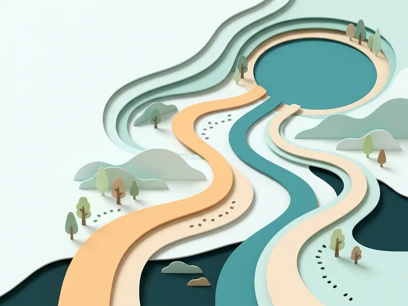A layered paper-cut map with several winding paths through soft hills leading to one calm lake