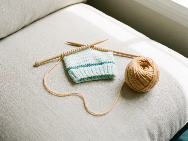 Half-finished mint knitting on wooden needles rests on a linen cushion, its peach yarn still running to the ball