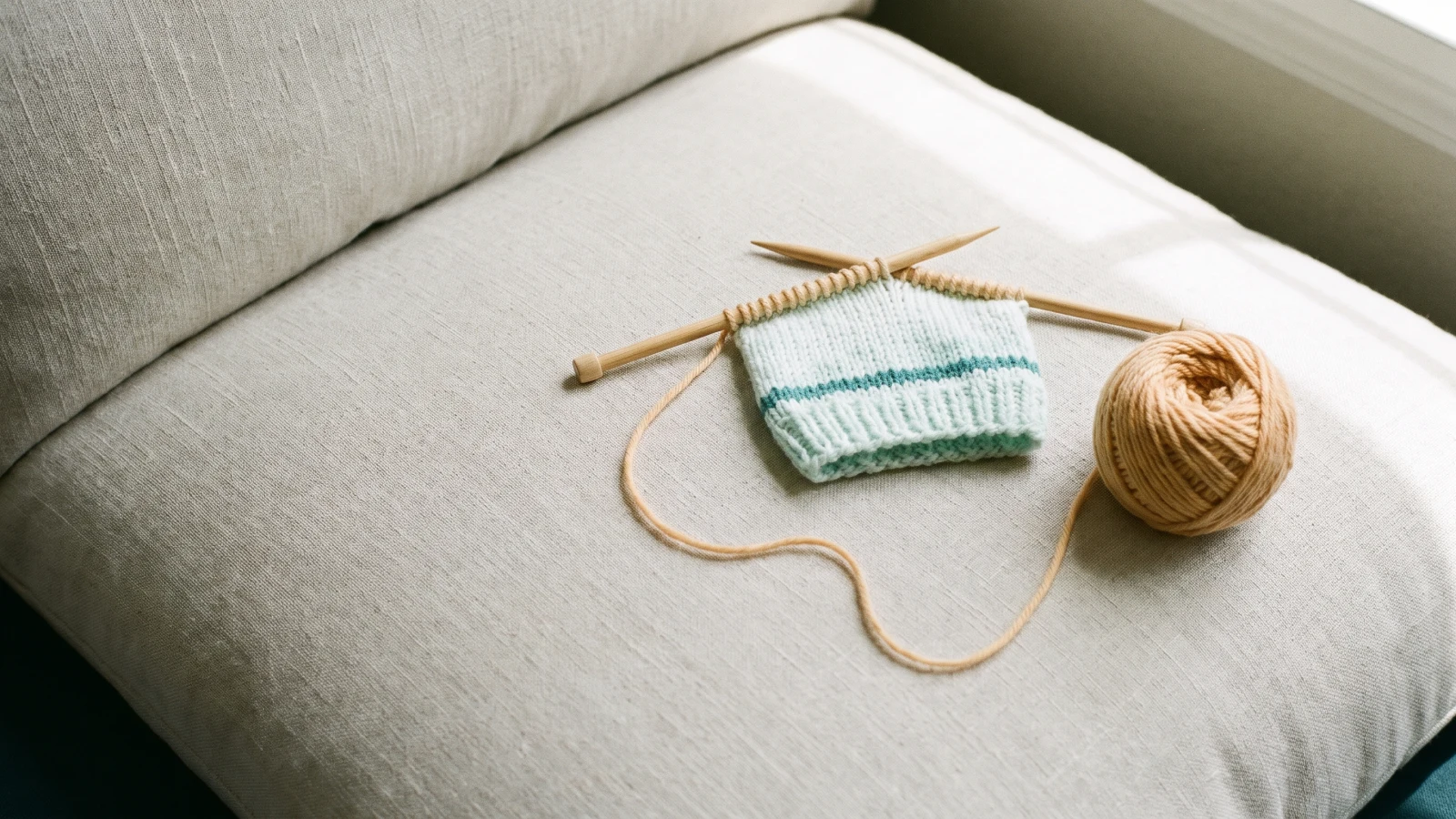 Half-finished mint knitting on wooden needles rests on a linen cushion, its peach yarn still running to the ball