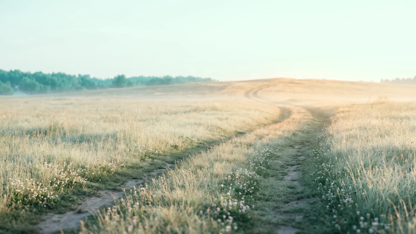 Two worn footpaths through a hazy morning meadow of pale grass and wildflowers merge into one path toward a sunlit rise