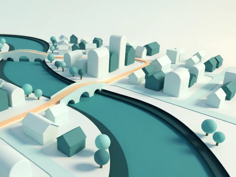 Paper-cut town in teal and white with a river, two arched bridges and one warm route glowing across the streets