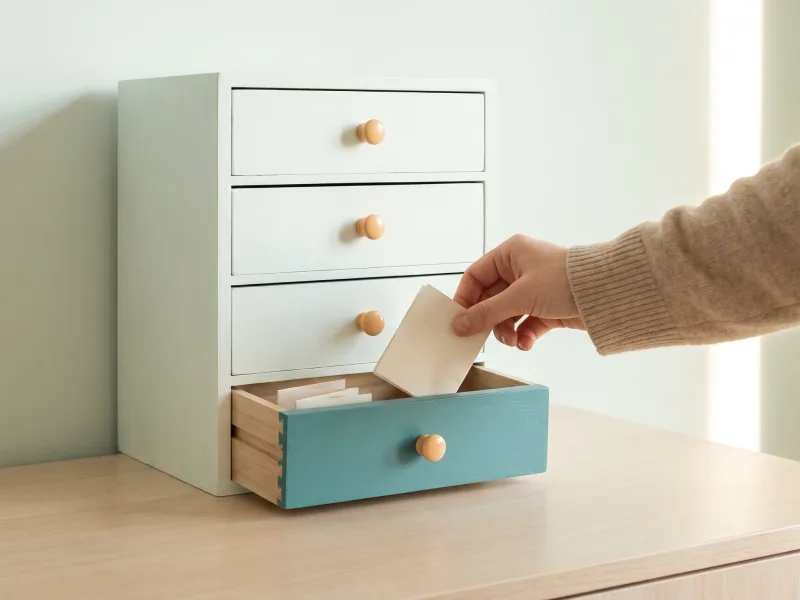 Hand slipping a card into an open teal drawer of a small four-drawer cabinet, sorting what to message a therapist