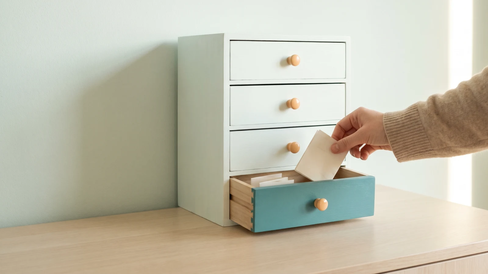 Hand slipping a card into an open teal drawer of a small four-drawer cabinet, sorting what to message a therapist
