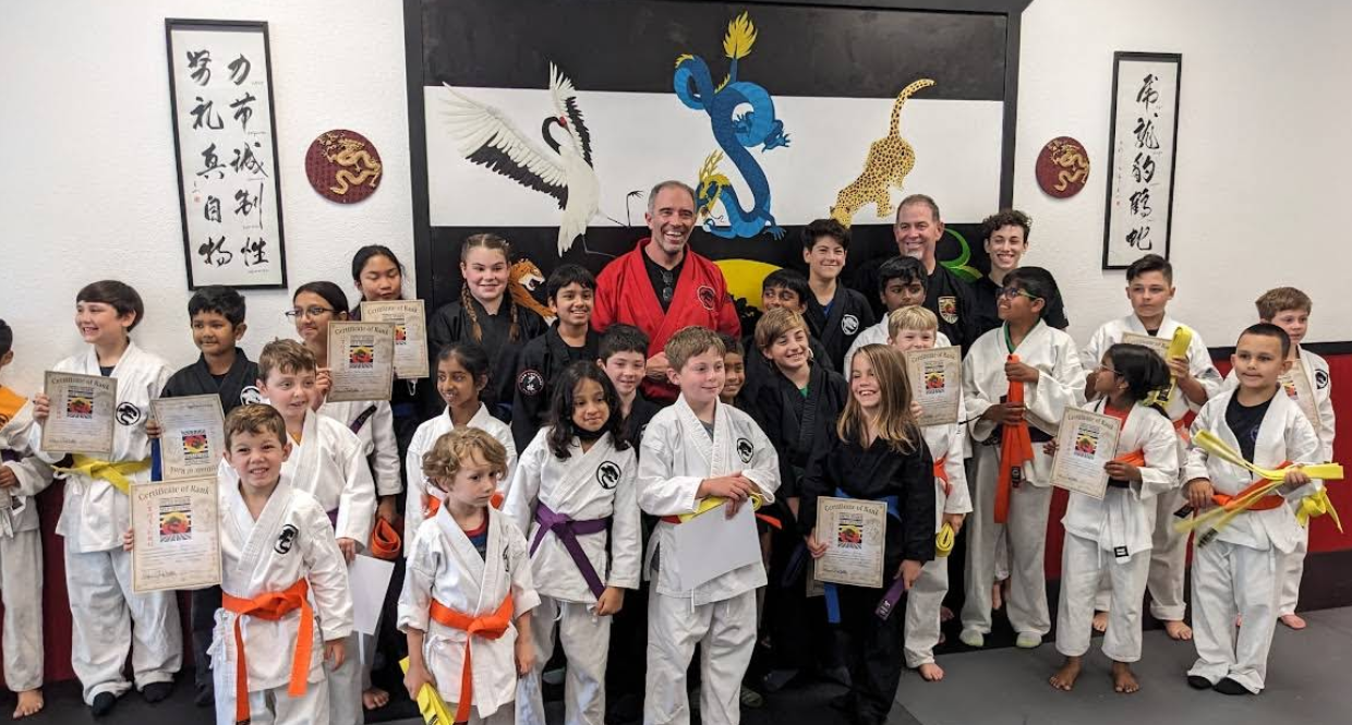 Imagery of the dojo and students practicing inside