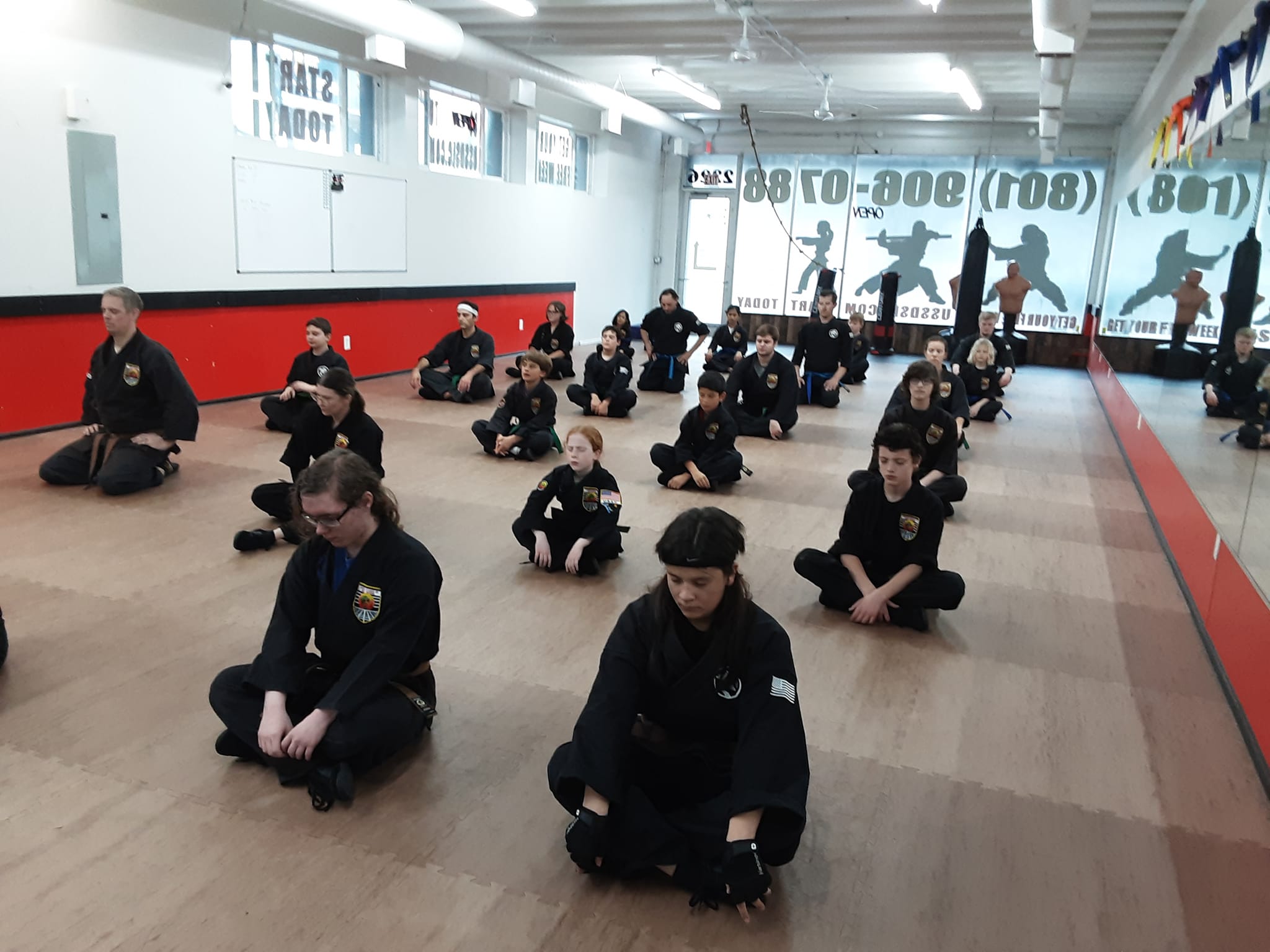 Imagery of the dojo and students practicing inside