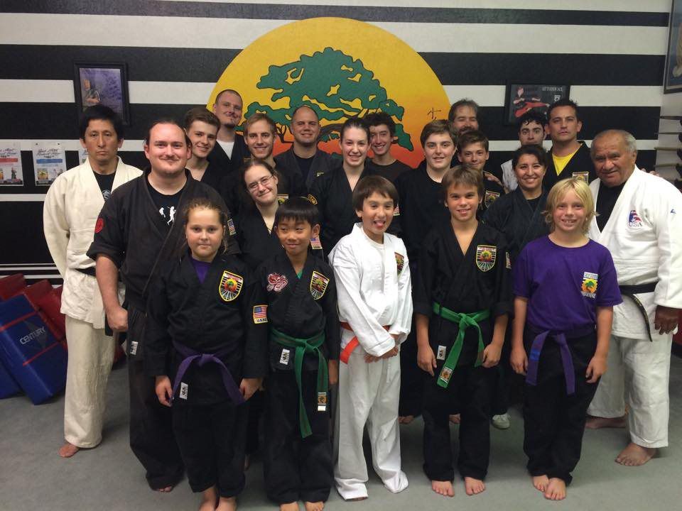 Imagery of the dojo and students practicing inside