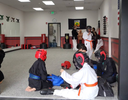 Imagery of the dojo and students practicing inside