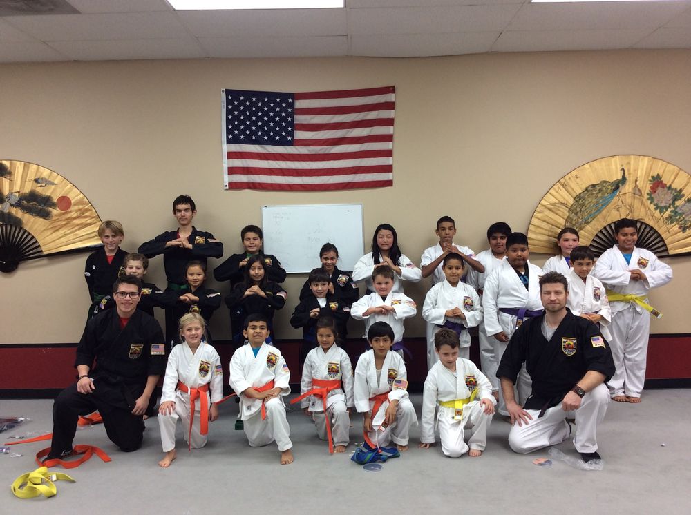 Imagery of the dojo and students practicing inside