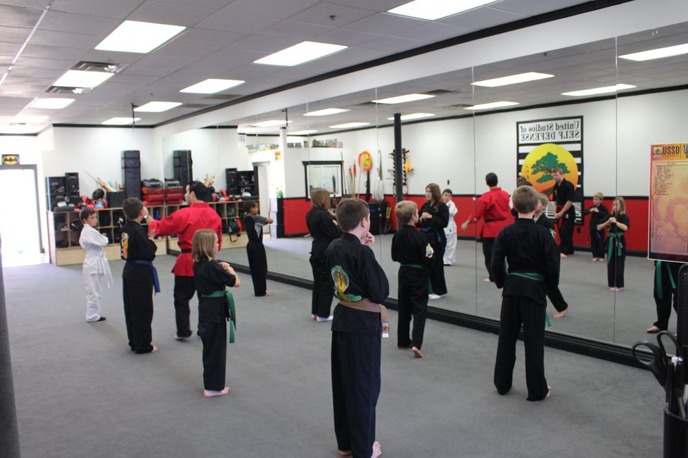 Imagery of the dojo and students practicing inside