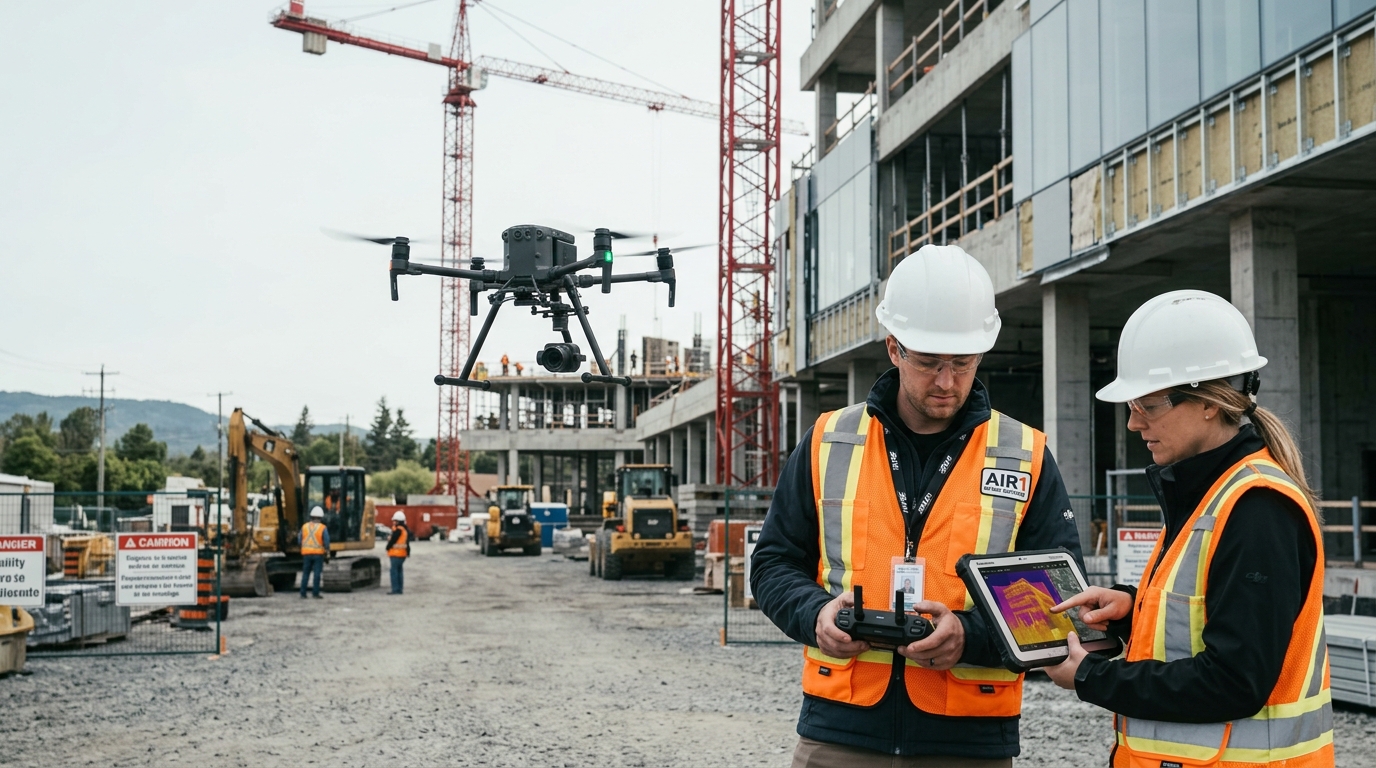 Commercial drone pilot conducting an aerial inspection at a Canadian construction site using a thermal-camera-equipped UAV.
