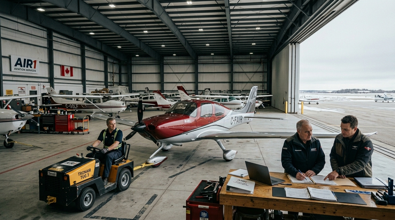 Hangar operator moving a customer aircraft inside a Canadian aviation hangar while reviewing liability and storage responsibilities.