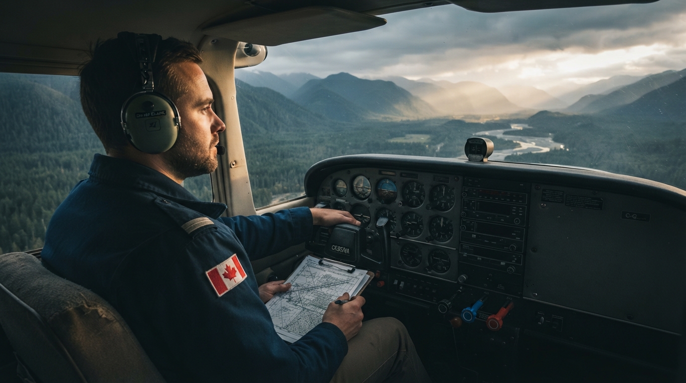 A Canadian pilot reviewing paperwork on a kneeboard in the cockpit of a Cessna 172, with BC mountain and forest landscape visible through the windshield