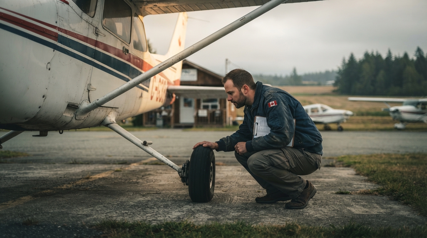 A Canadian pilot performing a preflight walkaround inspection on a Cessna 172 at a small general aviation airport in British Columbia