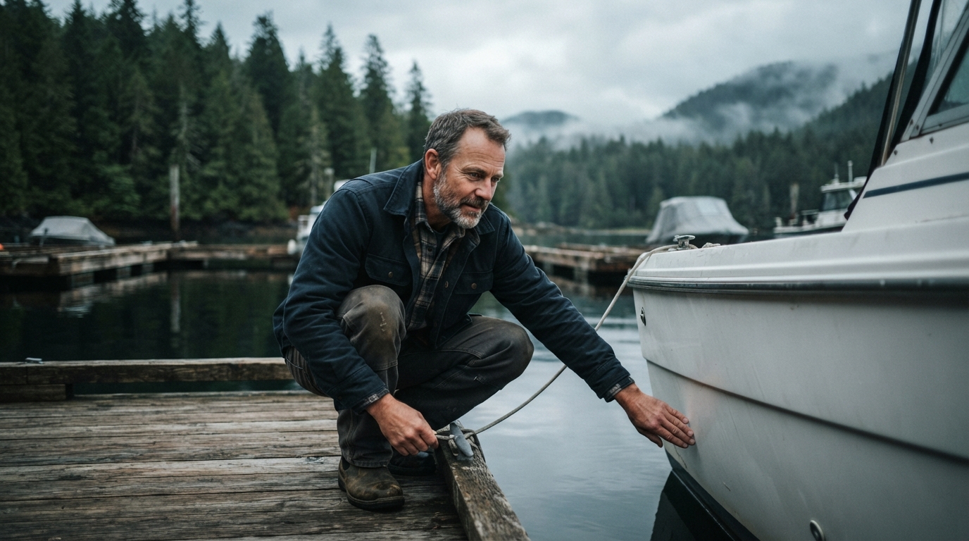 A boat owner inspecting their vessel moored at a dock on a calm BC coastal inlet, with forested shoreline and overcast sky in the background