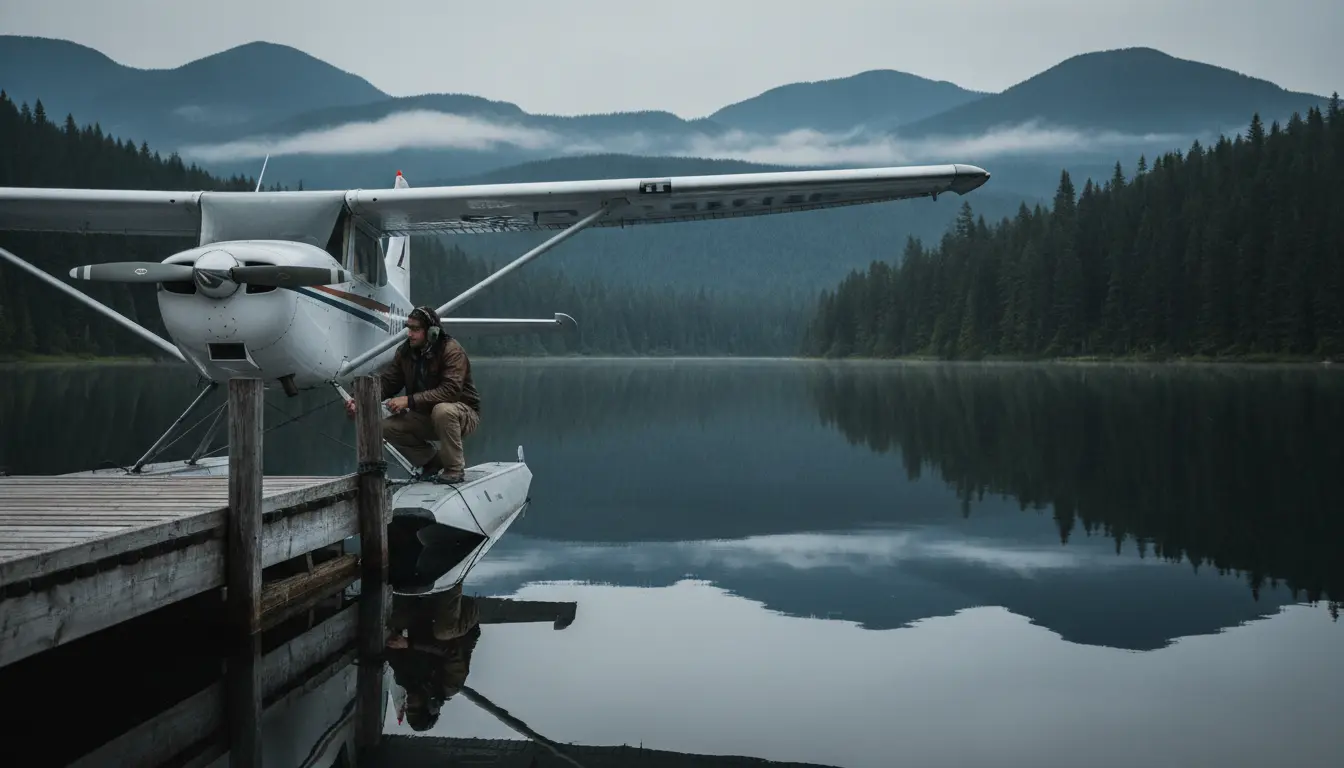 A Cessna 185 floatplane moored at a remote BC lake dock with a pilot doing a preflight inspection, dense evergreen forest and mountains reflected in calm water