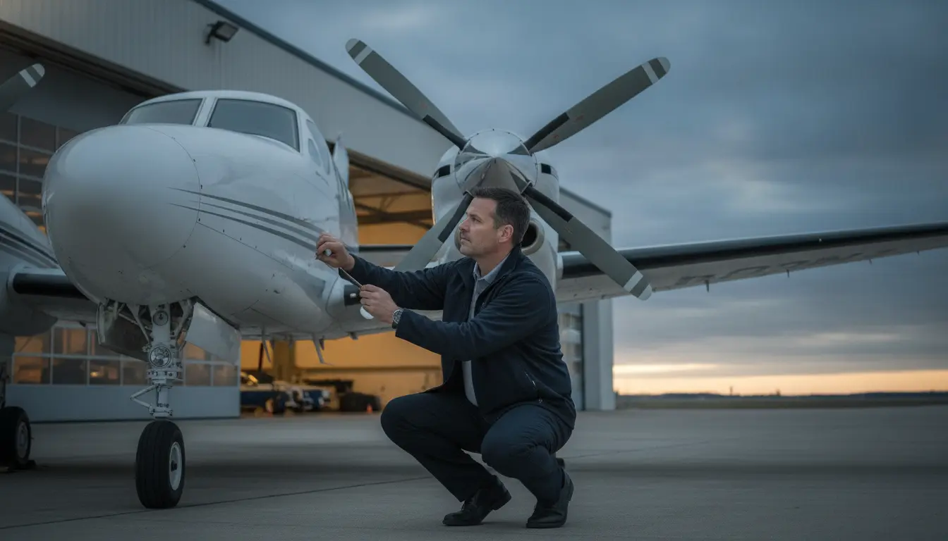 A professional pilot conducting a preflight walkaround inspection on a Beechcraft King Air turboprop outside a corporate hangar at a Canadian airport
