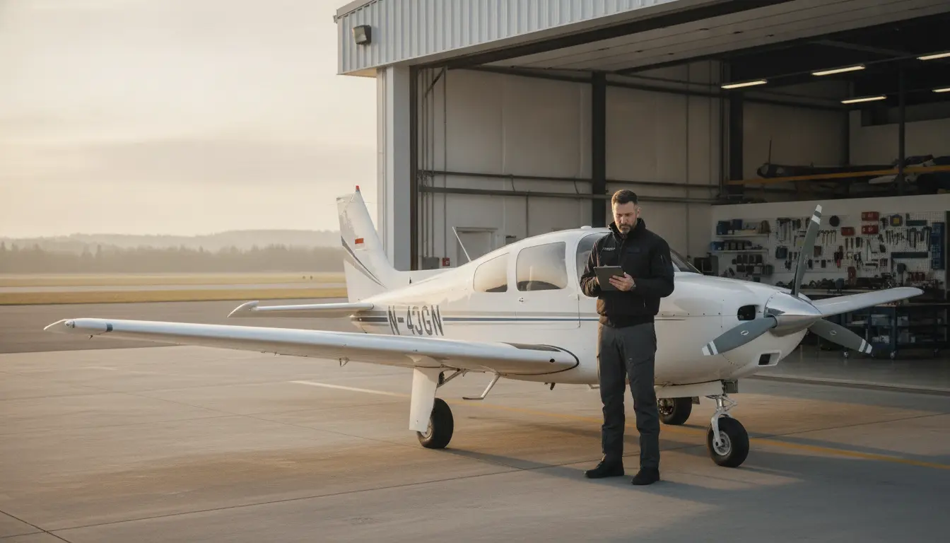Mooney M20 aircraft parked outside a Canadian hangar while a pilot reviews pre-flight documents before requesting aviation insurance coverage.