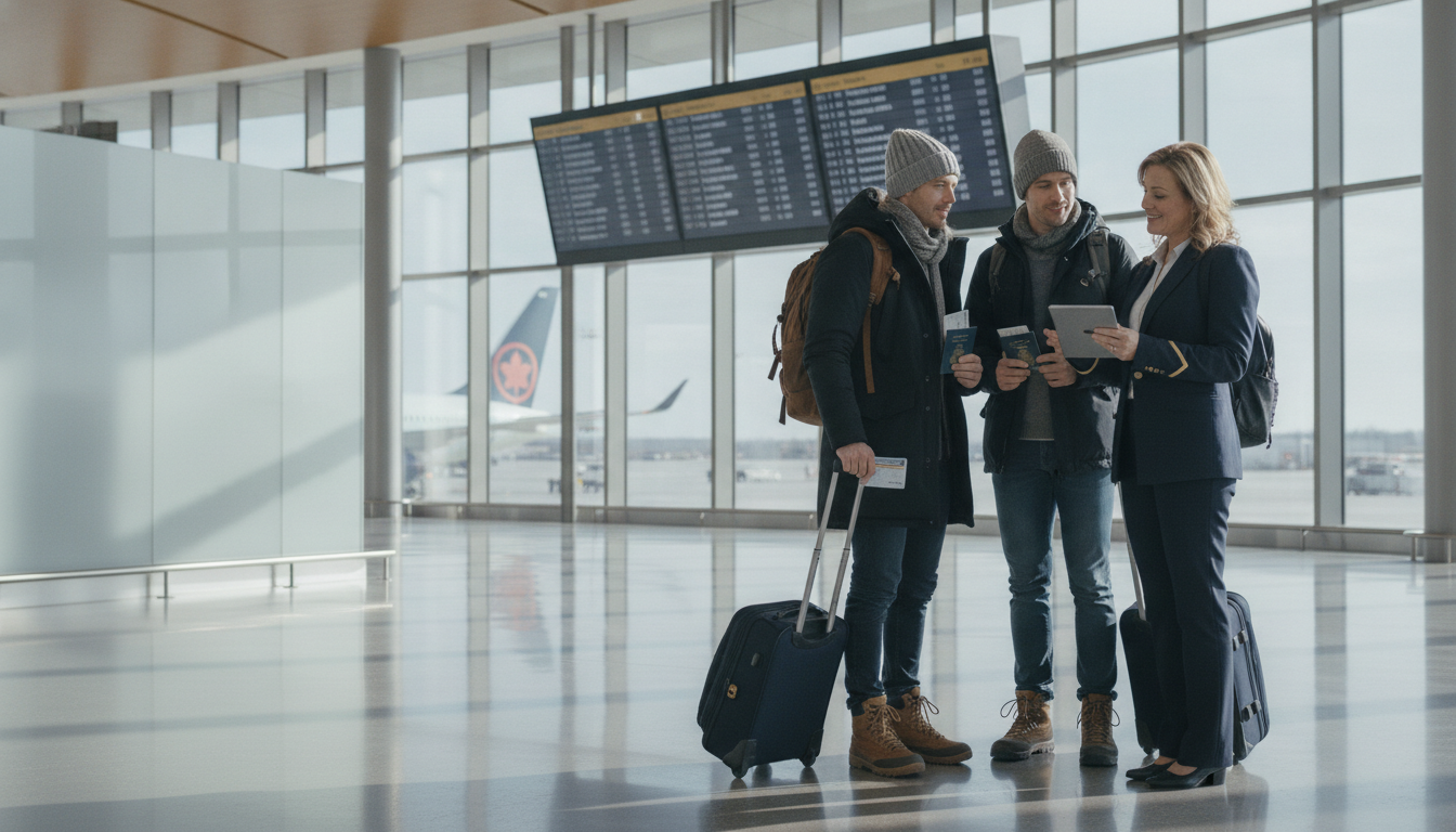 Canadian travelers reviewing domestic travel insurance coverage before a trip within Canada.