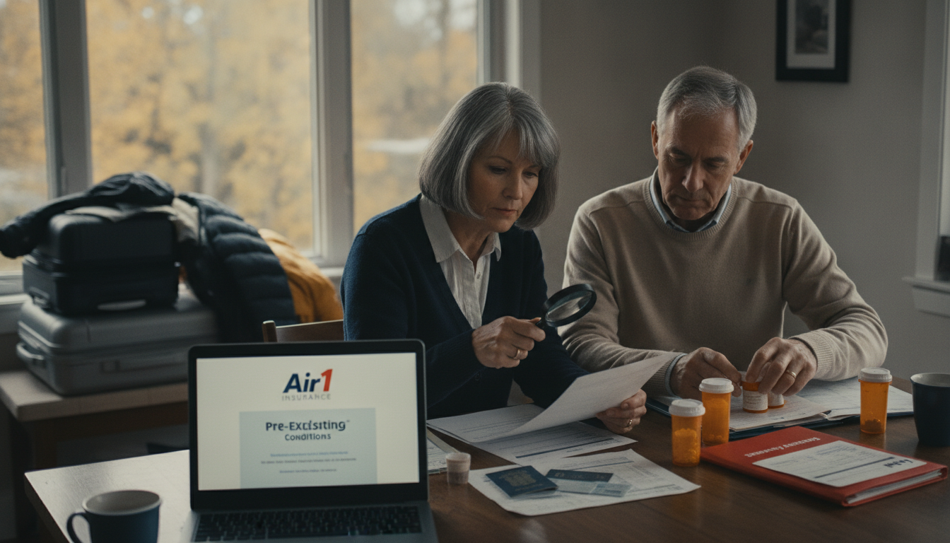 Canadian snowbird couple reviewing extended-stay travel insurance and medical documents before winter travel to the US.