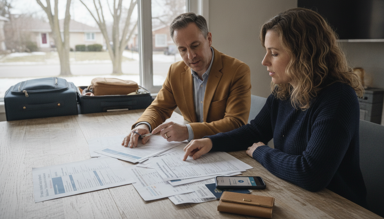 Canadian traveller reviewing trip cancellation and interruption insurance documents before departure.