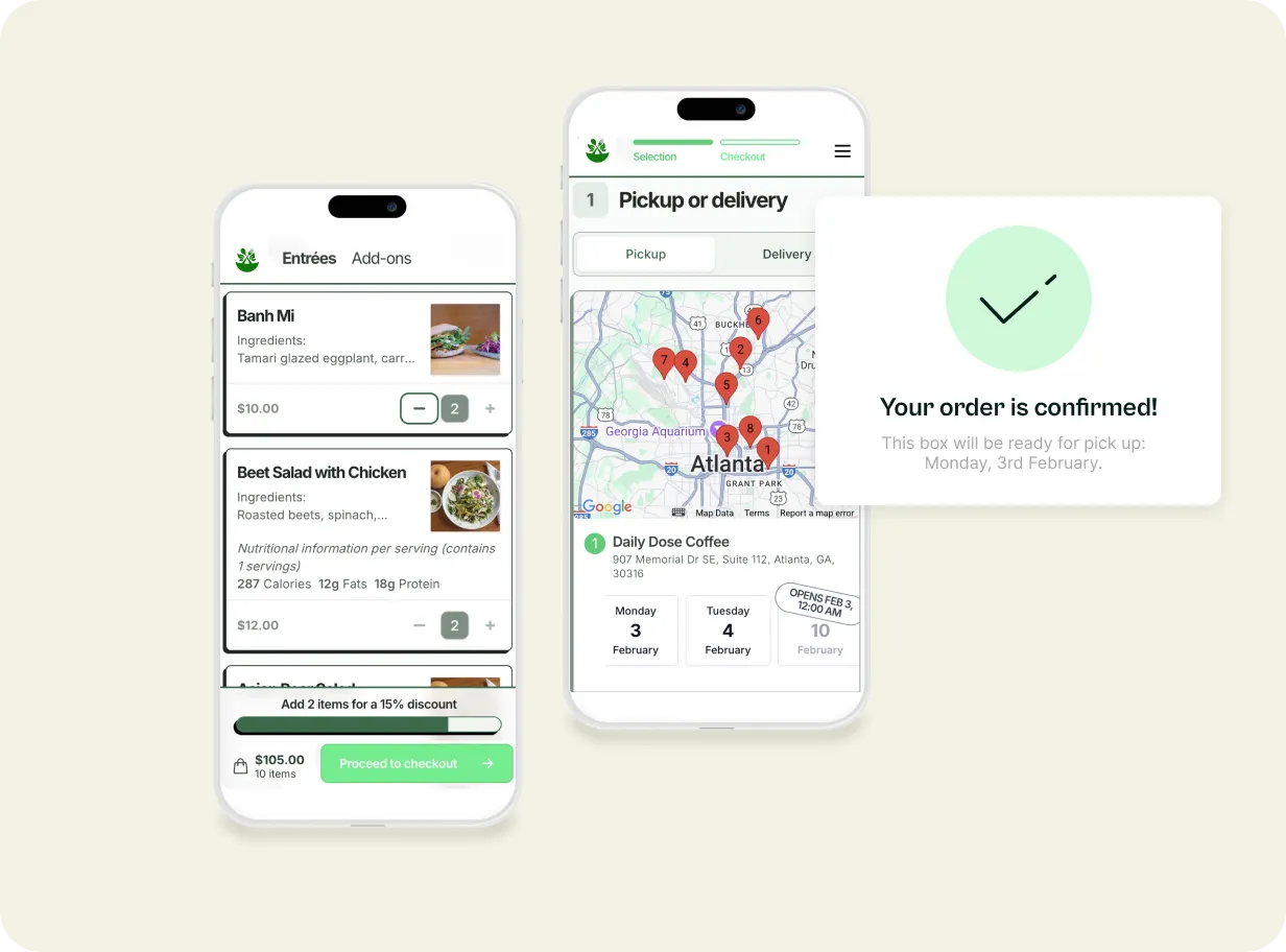 Mobile app screens showing food ordering menu with items, a map for pickup or delivery locations in Atlanta, and an order confirmation message.