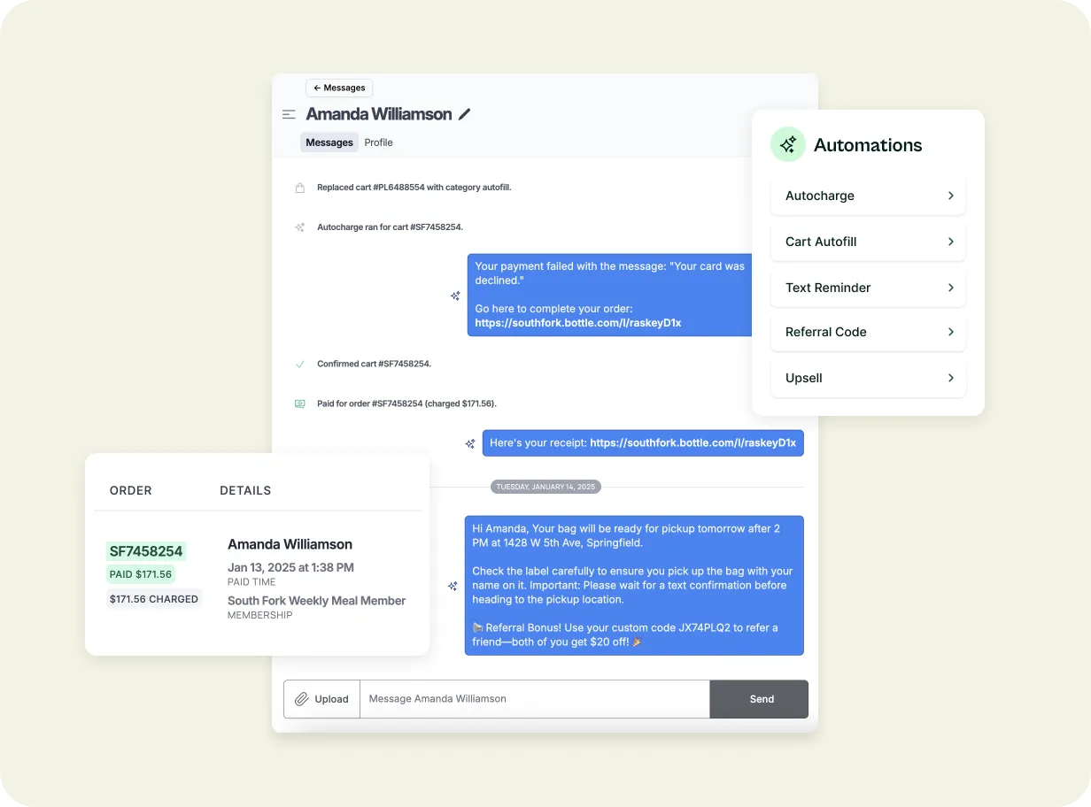 Customer messaging interface showing conversation with Amanda Williamson about payment failure, order confirmation, and pickup details, alongside order summary and automation options.