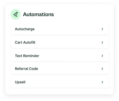 User interface menu titled Automations with options: Autocharge, Cart Autofill, Text Reminder, Referral Code, and Upsell.